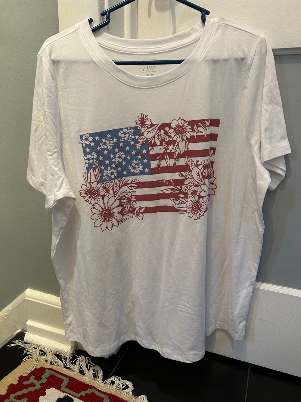 Mighty Fine White Tee with Red & Blue Floral Flag Graphic